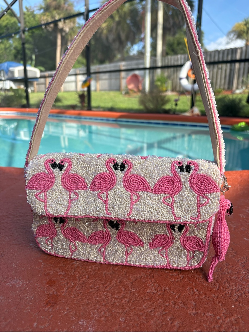 Beaded Pink Flamingo Shoulder Bag - Women